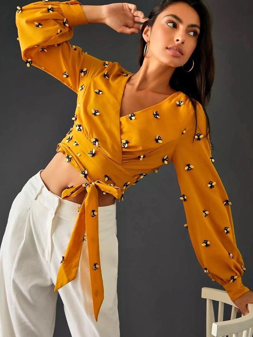 Maeve Anthropologie Mustard Embroidered Bee Wrap Blouse Top Size 0